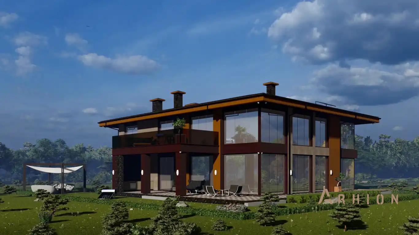 7. Проект двухэтажного дома в современном стиле с четырехскатной, h-1615, площадью - 726 кв c терассой, балконом, гаражом, вторым светом